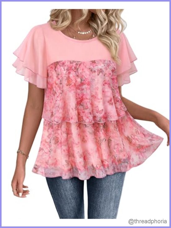 Tops - Women's Short Sleeve Tunic Blouse Double Layer Mesh Flowy Babydoll Top